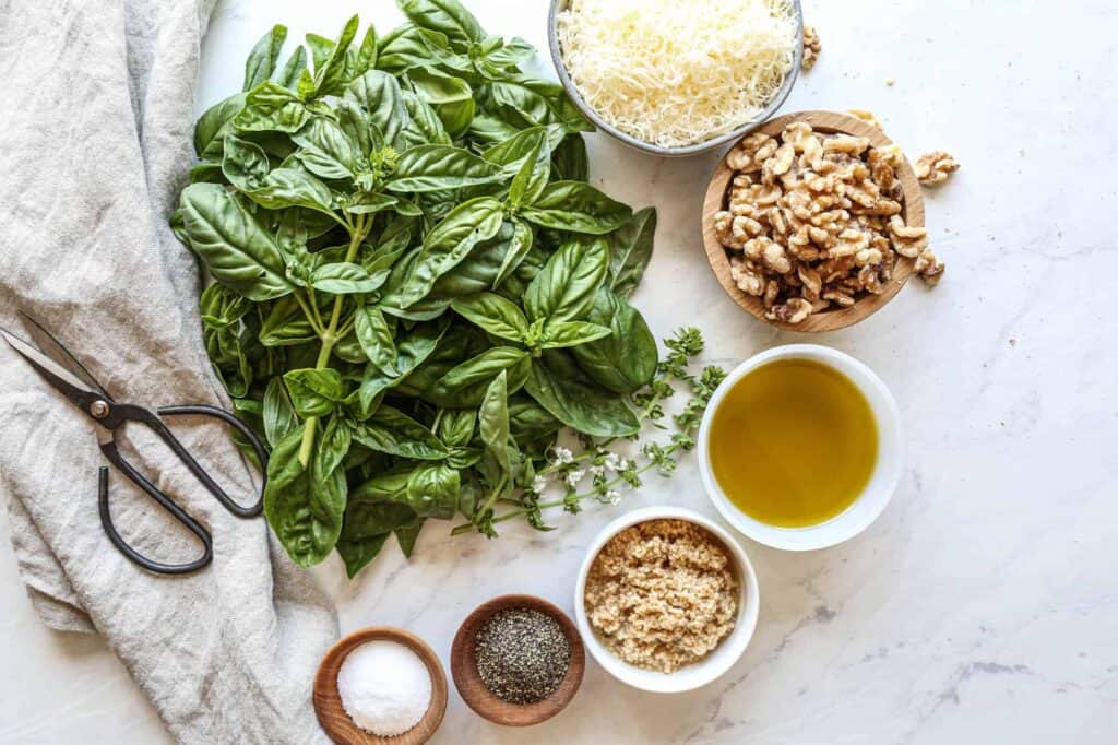 ingredients for pesto: basil, parmesan cheese, walnuts, olive oil, minced garlic, black pepper and sea salt