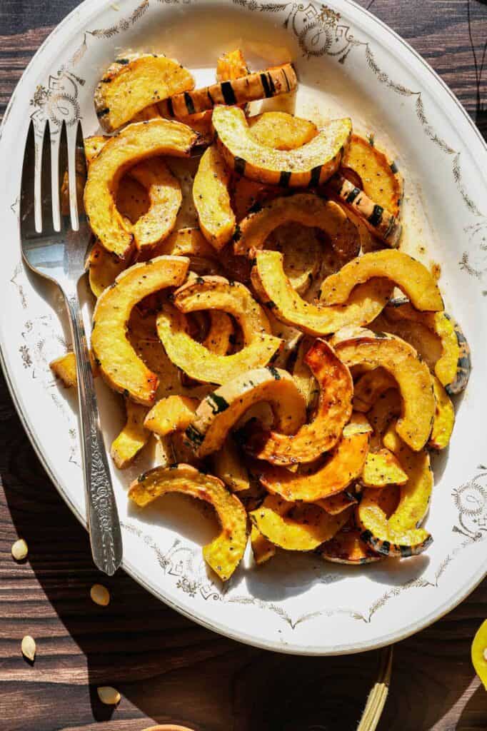 a platter of air fryer roasted maple delicate squash