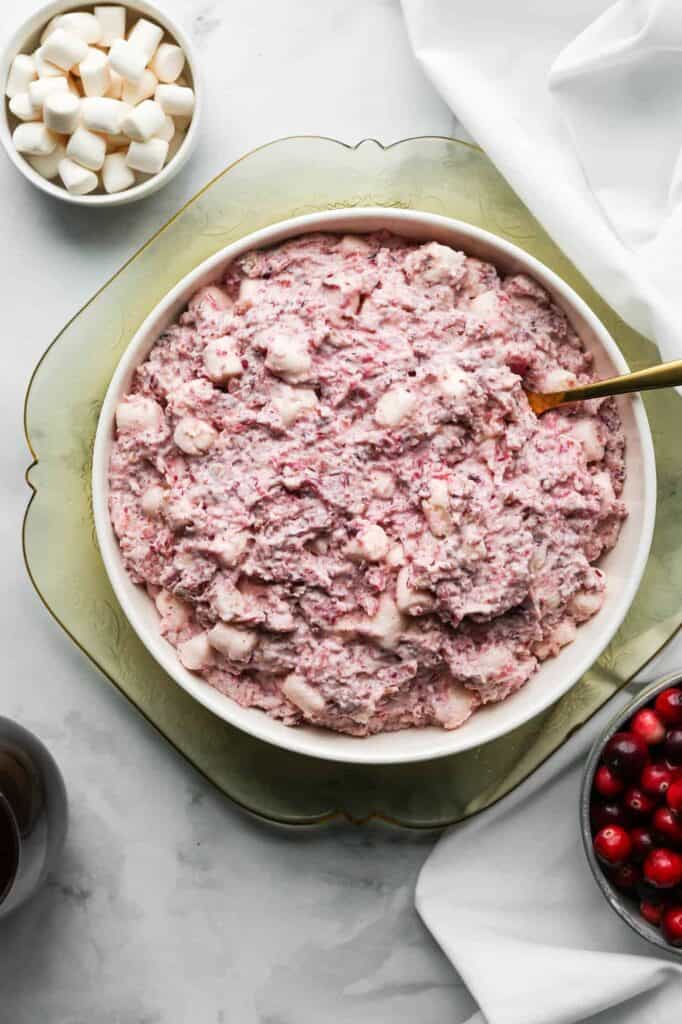 a bowl of cranberry fluff salad for an easy gluten free Christmas