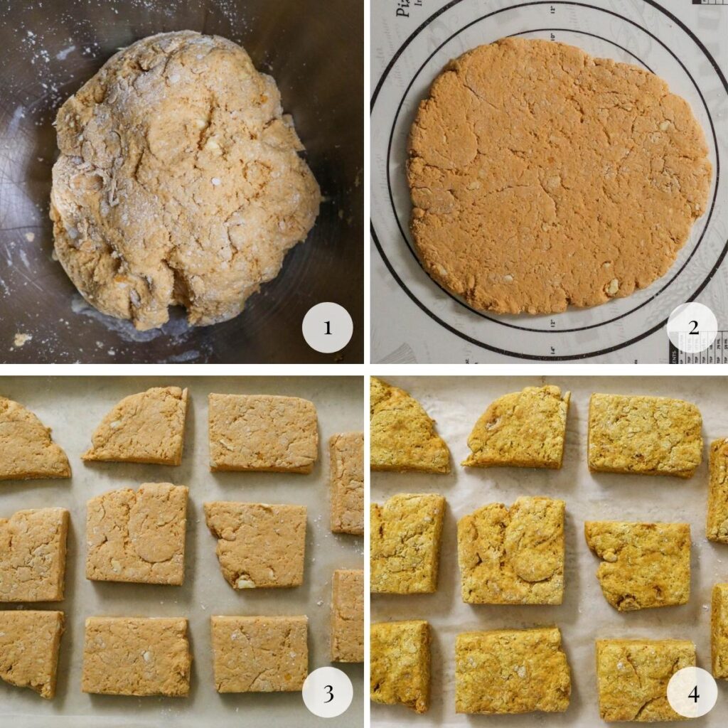instruction photos for gluten free sweet potato biscuits with the dough in a bowl, the dough rolled out, the dough cut into biscuits and the biscuits baked on a baking pan